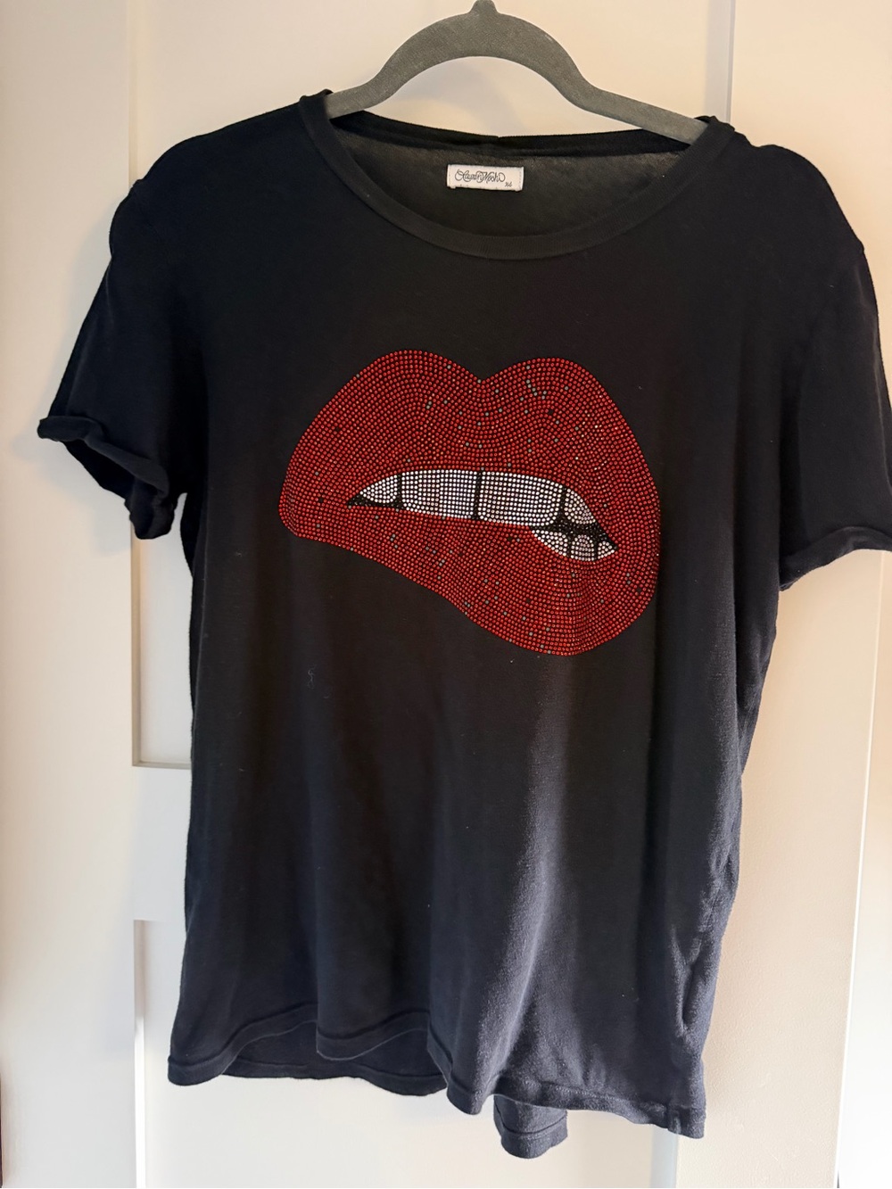 Lauren Moshi Black Short-Sleeve Tee with Red Rhinestone Lip Graphic
